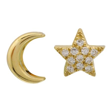 14K Yellow Gold Diamond Star and Moon Stud Earrings