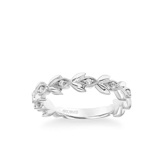 Stackable Band with Polished Petals and Diamond and Milgrain Leaf Accents