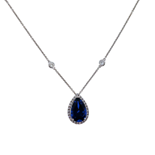 14K White Gold Lab Grown Pear Shaped Sapphire and Diamond Halo Necklace