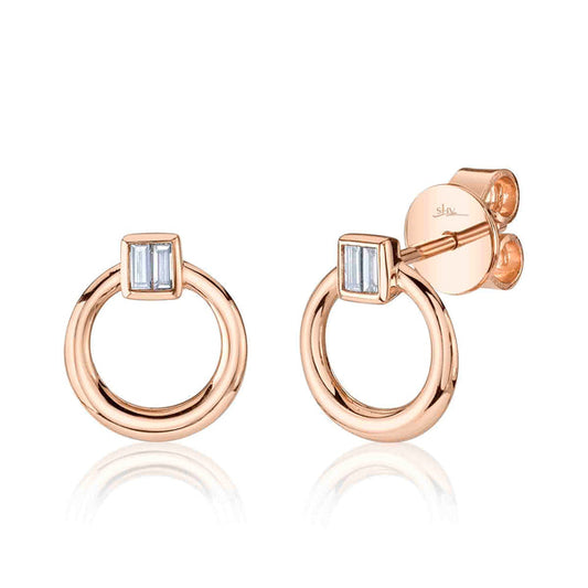 14K Rose Gold Diamond Baguette Circle Stud Earrings