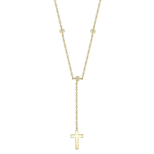 14K Yellow Gold Diamond Bezel Cross Lariat Necklace