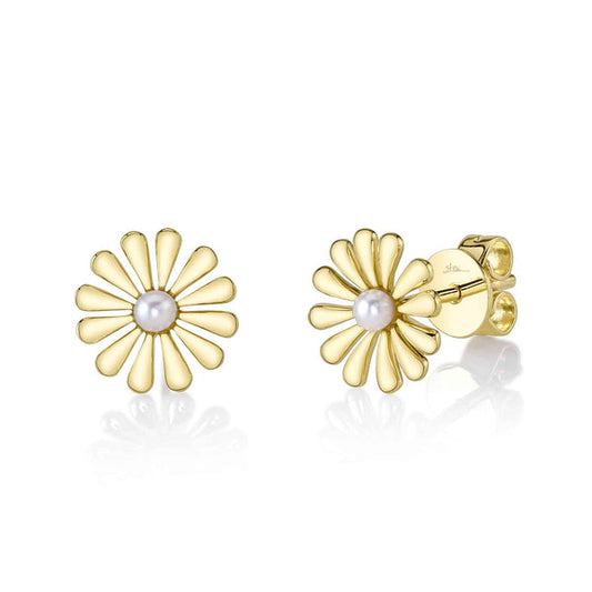 14K Yellow Gold Pearl Flower Stud Earrings