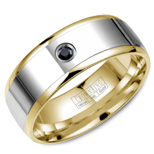 CrownRing 8MM Yellow Gold Black Diamond Wedding Band with White Gold Center & Brushed Finish WB-7972