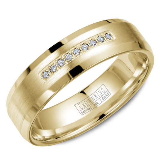 CrownRing 6MM Yellow Gold Diamond Wedding Band with Brushed Finish and Beveled Edges WB-9612Y